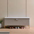 Banc coffre rembourré aux lignes épurées avec rangement, coloris gris clair