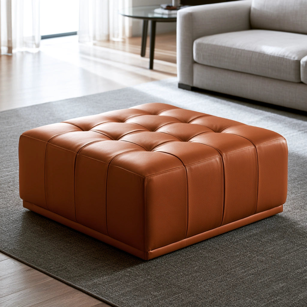 Pouf rectangulaire capitonné aux lignes épurées, coloris orange