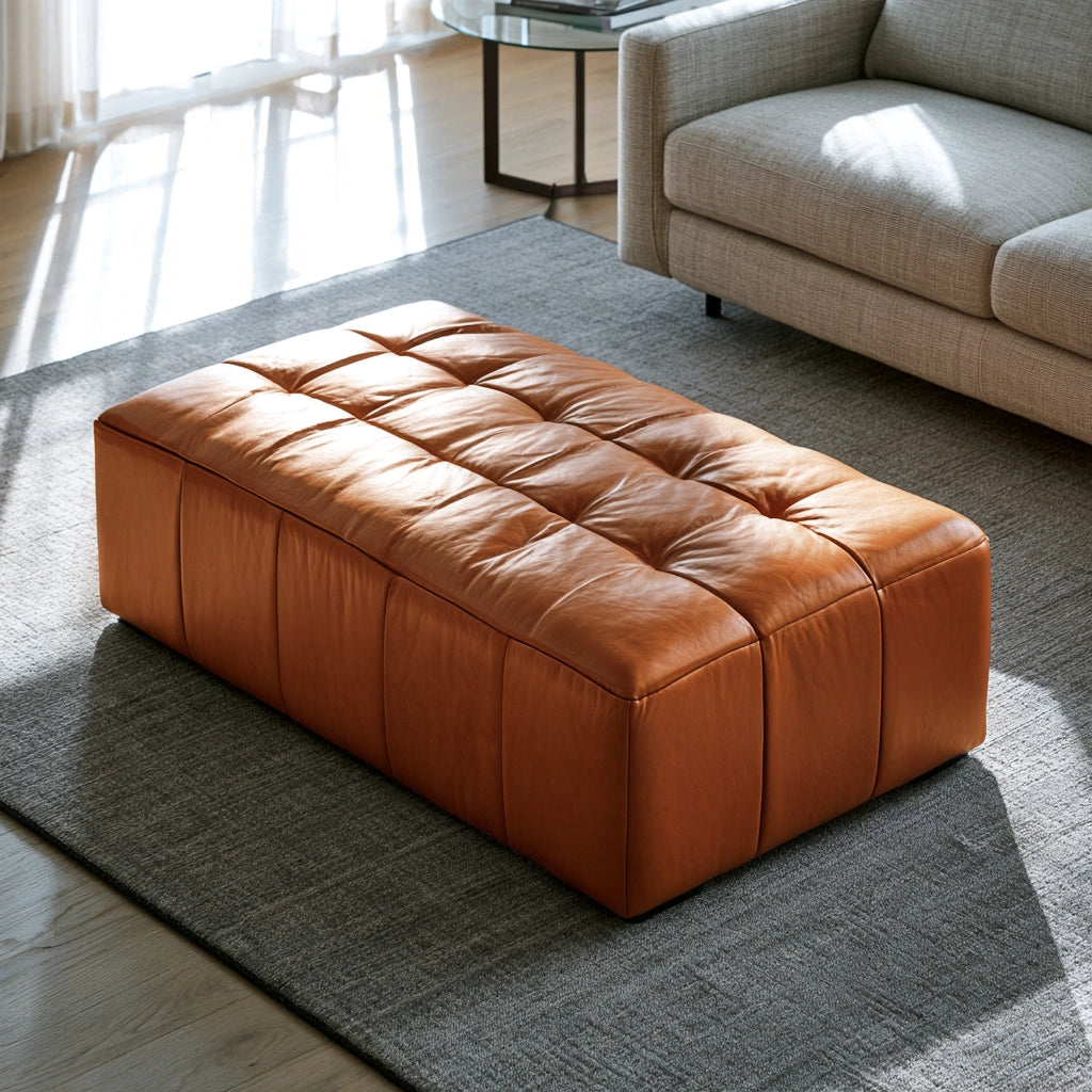 Pouf rectangulaire capitonné aux lignes épurées, coloris orange